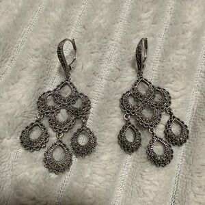 Silver-Tone Filigree Chandelier Drop Earrings - Elegant Silver